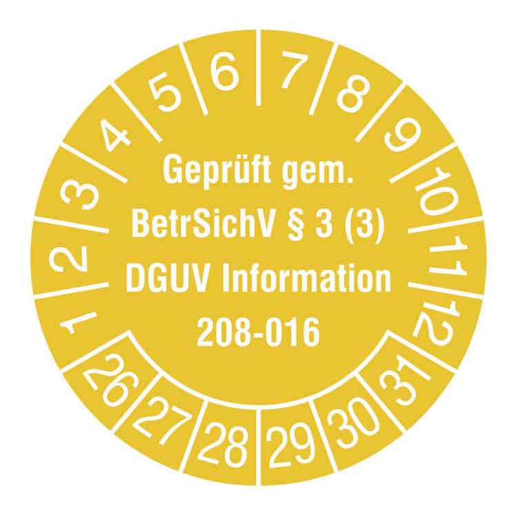 Prüfplakette - Geprüft gem. BetrSichV §3 (3) - DGUV Information 208-016 - in Jahresfarbe