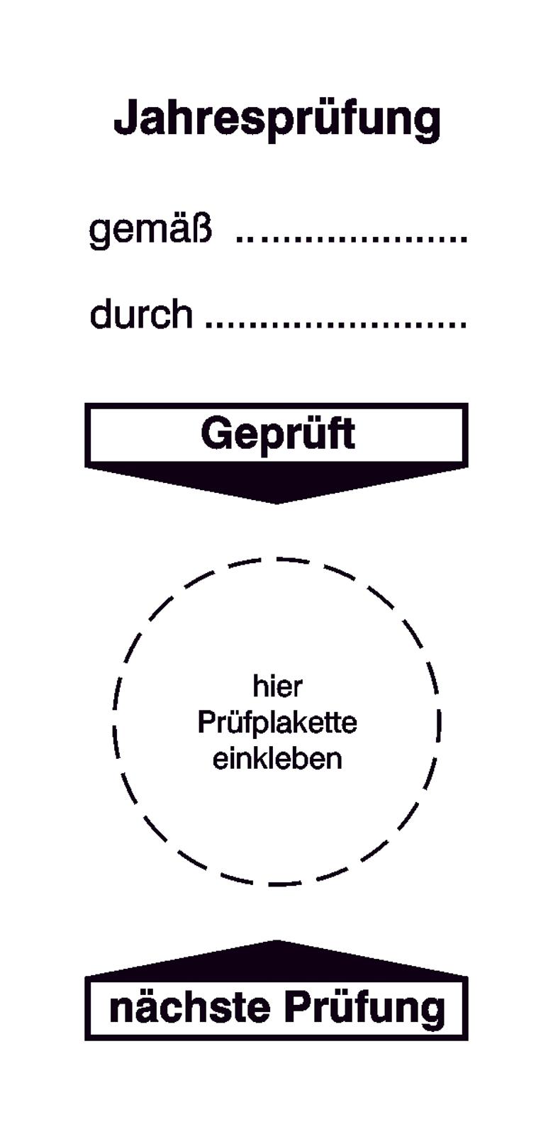 Grundplakette auf Bogen - Jahresprüfung gemäß ... durch ...