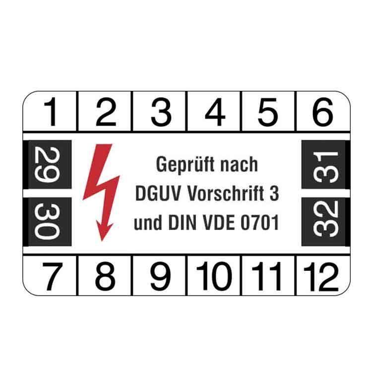 Prüfplakette - Geprüft nach DGUV Vorschrift 3 und DIN VDE 0701 - Weiss/Schwarz
