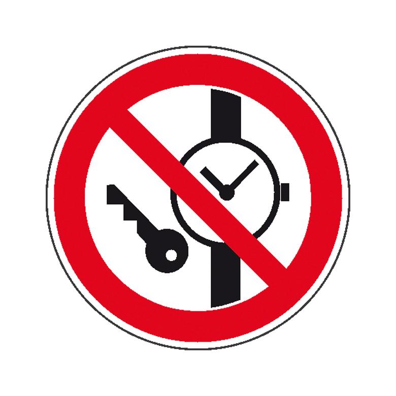 Verbotsschild - Keine Metallteile oder Uhren mitführen