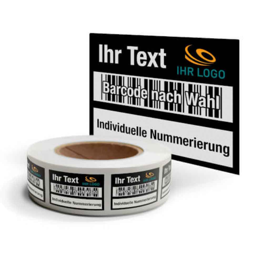 Inventar-Etikett - individuell gefertigt - Logo, Text, Barcode, Nummerierung und Farbe nach Wahl