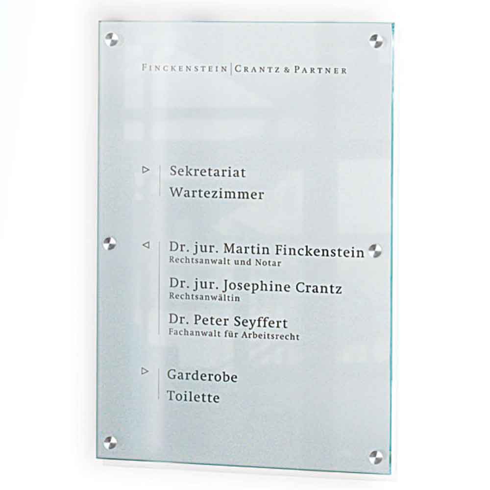CRISTALLO Firmenschild Wegweiser - satiniert - rahmenloses Glasschild aus 1 x 8 mm Sicherheitsglas - Edelstahlhalter