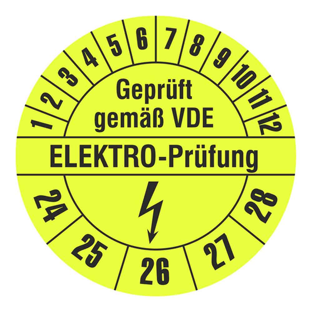 Prüfplakette auf Rolle - Geprüft gemäß VDE - ELEKTRO-Prüfung - Gelb/Schwarz