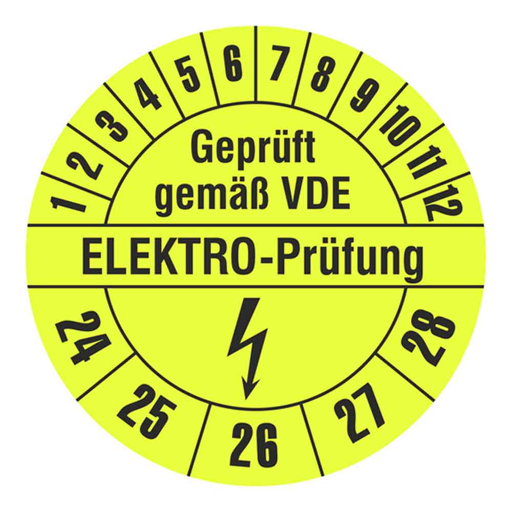 35-22-687-0-10-24-28-32c350 Prüfplakette auf Rolle - Geprüft gemäß VDE - ELEKTRO-Prüfung - Gelb/Schwarz