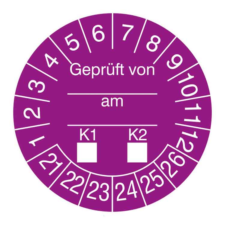 Prüfplakette - Geprüft von ... am ... K1-K2 - in Jahresfarbe - Dokumentenfolie