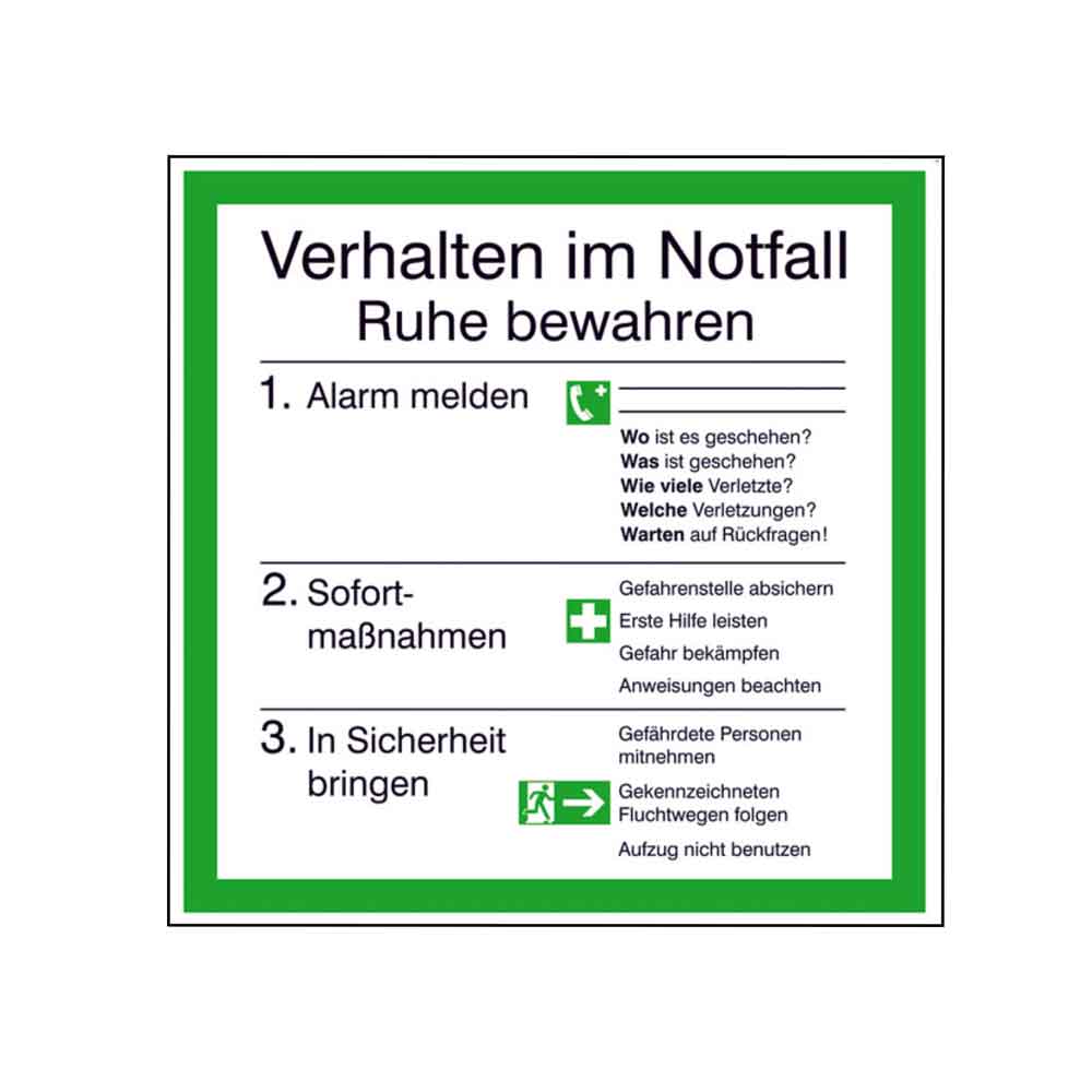 Aushang - Verhalten im Notfall - in Folie und Hart-PVC Aushang - Verhalten im Notfall - in Folie und Hart-PVC