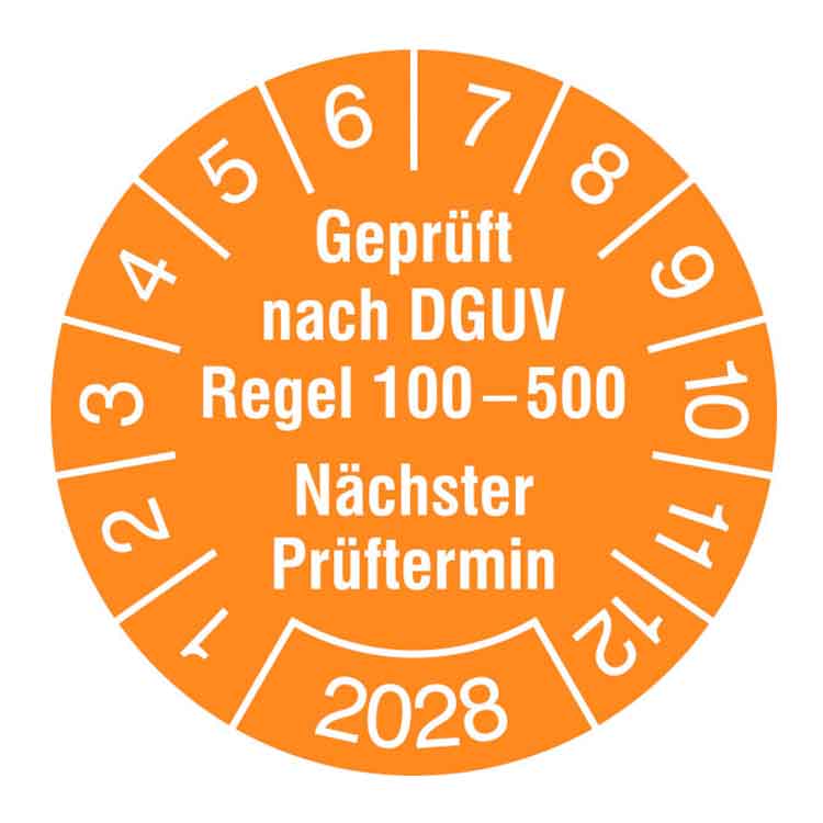 Prüfplakette - Geprüft nach DGUV Regel 100-500 - Nächster Prüftermin - in Jahresfarbe - Dokumentenfolie