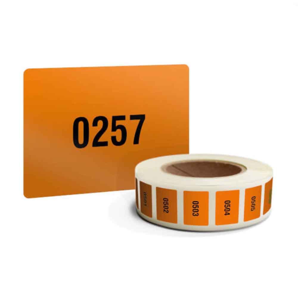 30-80-321-0-00-01-056-etiketten-nummeriert-orange-5cde22 Fortlaufend nummerierte Etiketten - Rolle - Zahlen: 0001-1000 - rechteckig - 5 Farben