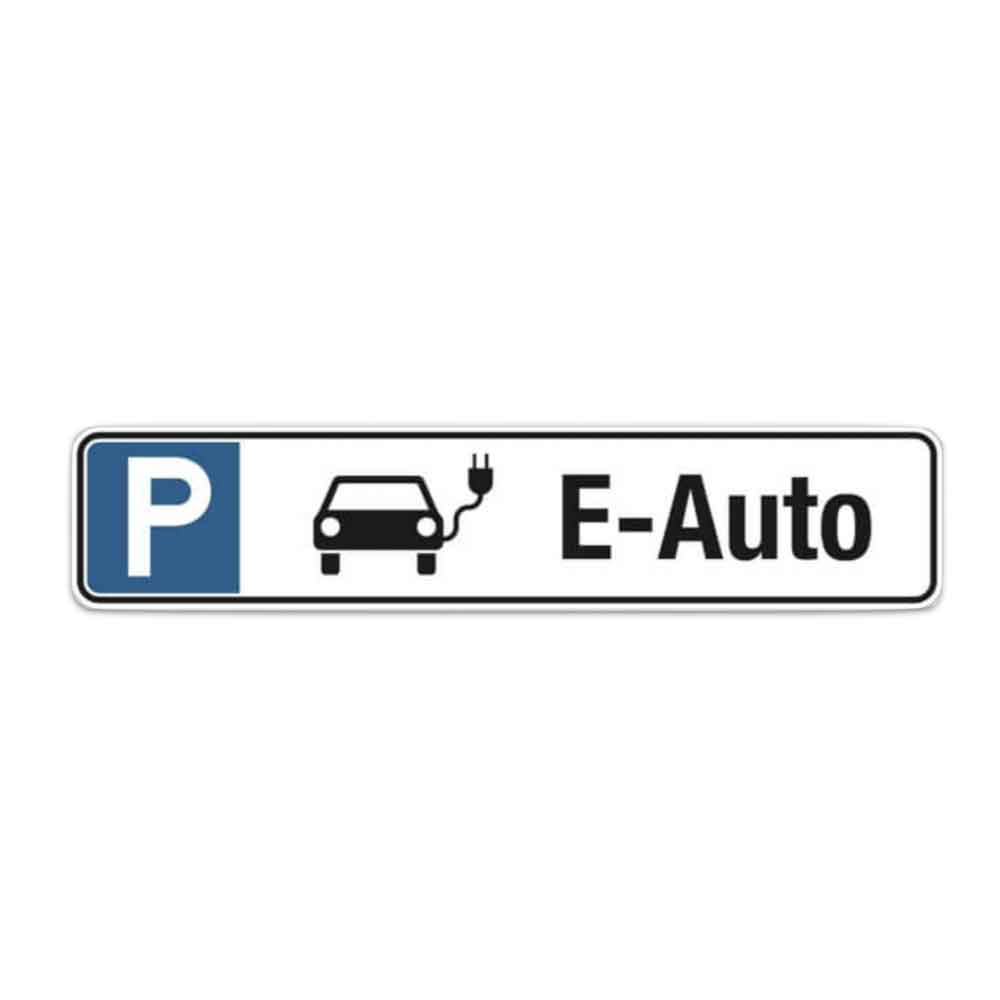 Parkplatzschild - Symbol: P und E-Auto - Text: E-Auto