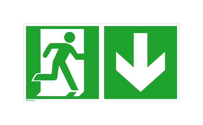 Fluchtwegschild - langnachleuchtend - Notausgang rechts mit Zusatzzeichen: Richtungsangabe abwärts