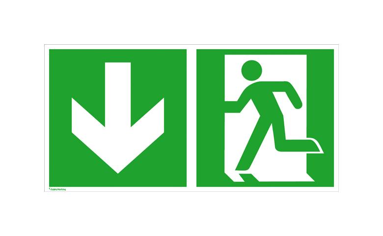 Fluchtwegschild - langnachleuchtend - Notausgang links mit Zusatzzeichen: Richtungsangabe abwärts