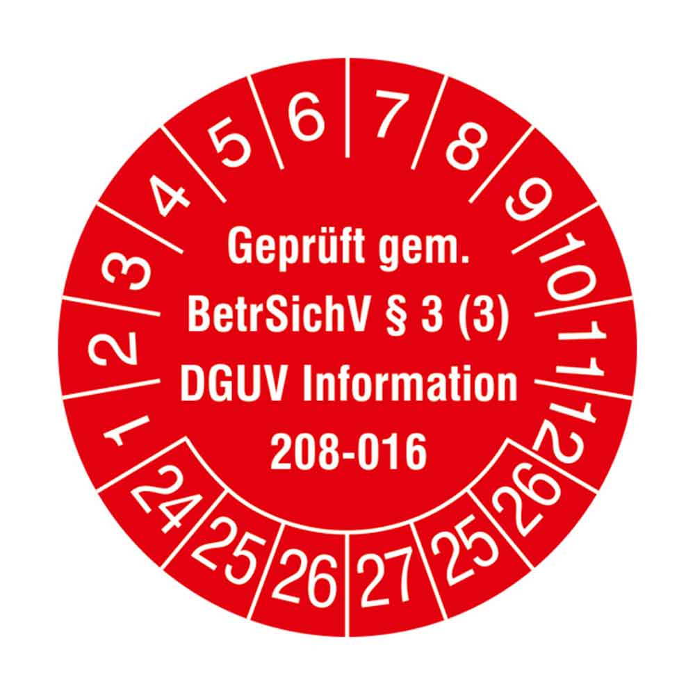 Prüfplakette auf Bogen - Geprüft gem. BetrSichV §3 (3) - DGUV Information 208-016