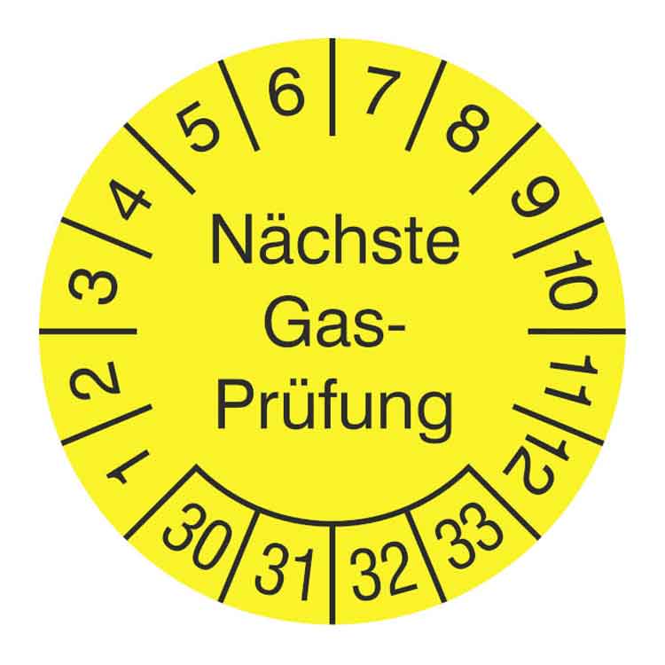Prüfplakette - Nächste Gasprüfung - Dokumentenfolie - Gelb/Schwarz