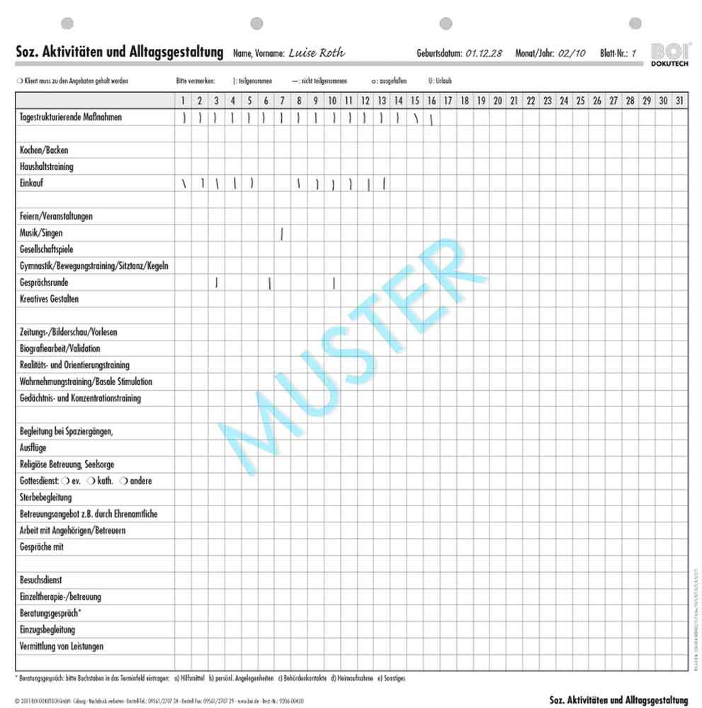 Formular "Soziale Aktivitäten und Alltagsgestaltung" - Zubehör für Dokumentationsmappen