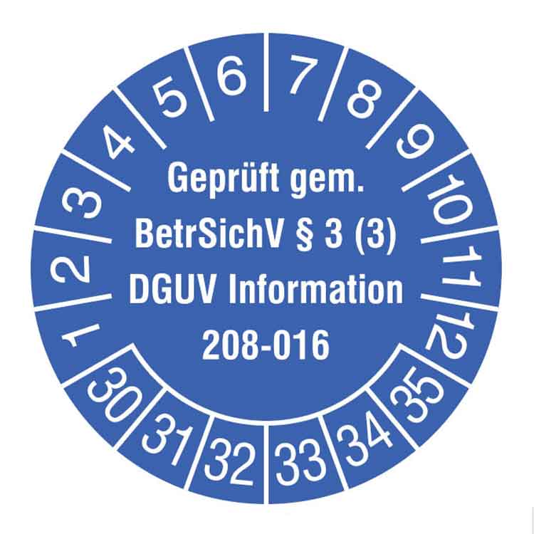 Prüfplakette - Geprüft gem. BetrSichV §3 (3) - DGUV Information 208-016 - in Jahresfarbe
