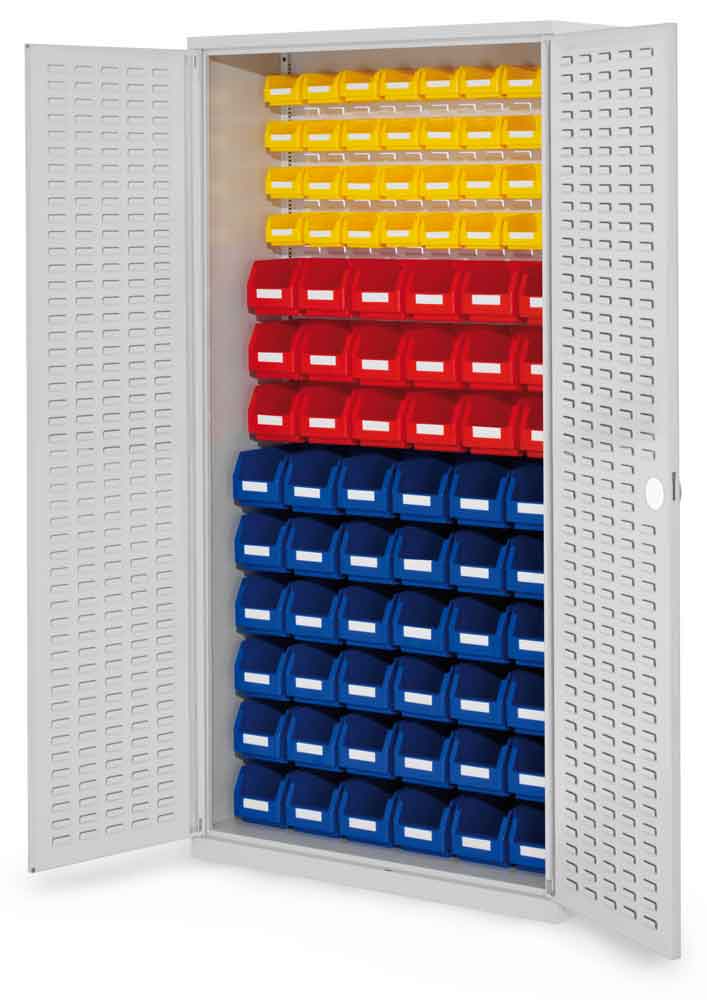 RasterPlan® - Schlitzplattenschrank Modell 55 - bestückt mit Lagersichtkästen - Türen wählbar
