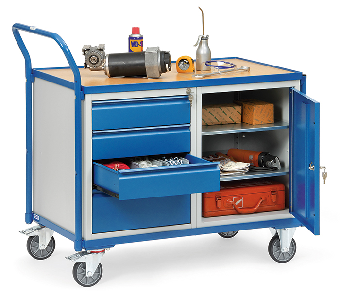 2635_live-2d4c0d Leichter Werkstattwagen - 1 Ladefläche mit Rand - 1 Stahlschrank - 1 Schubladenschrank