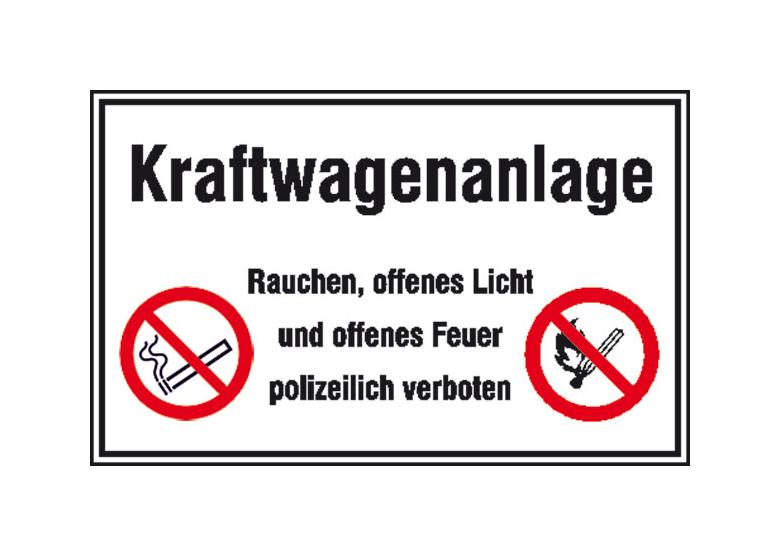 Hinweisschild für Tankanlagen und Garagen - Symbole - Text: Kraftwagenanlage Rauchen, offenes Licht und ...