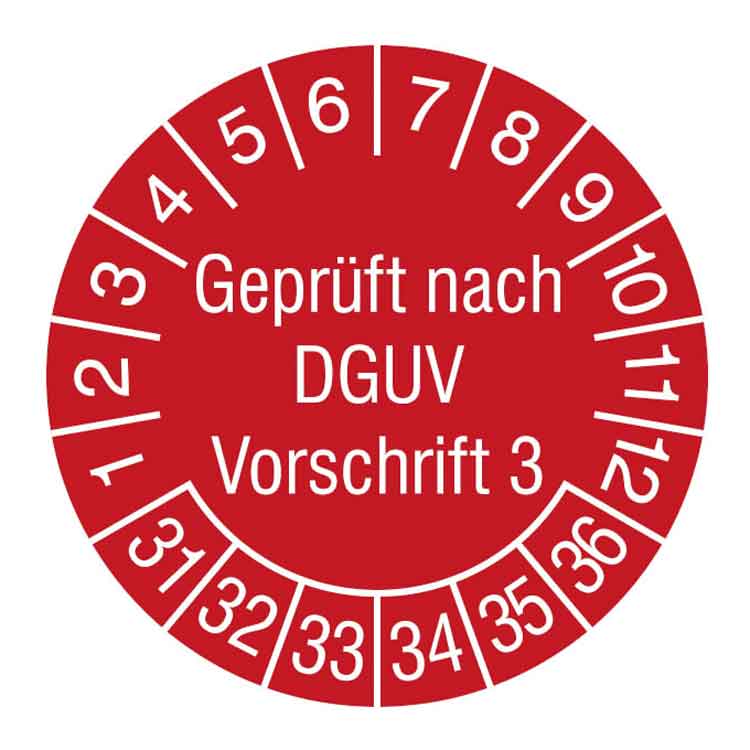Prüfplakette Geprüft nach DGUV Vorschrift 3 - in Jahresfarbe - Dokumentenfolie