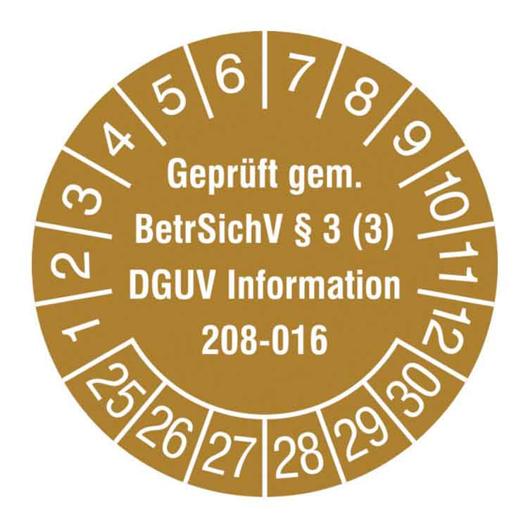 Prüfplakette - Geprüft gem. BetrSichV §3 (3) - DGUV Information 208-016 - in Jahresfarbe
