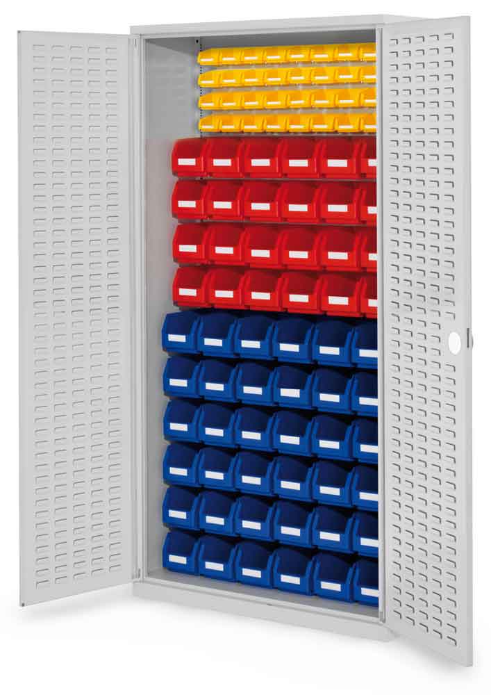 RasterPlan® - Schlitzplattenschrank Modell 57 - bestückt mit Lagersichtkästen - Türen wählbar