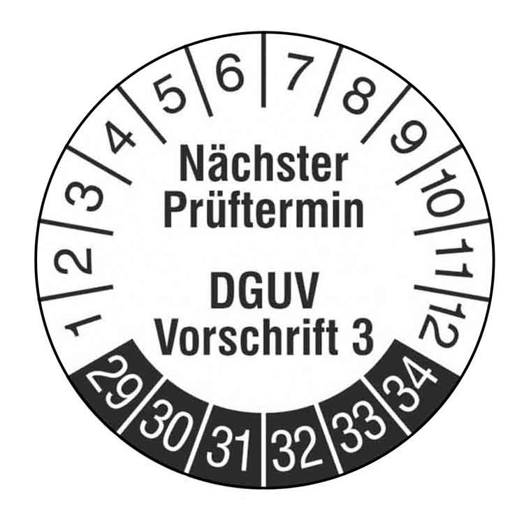 Prüfplakette - Nächster Prüftermin DGUV Vorschrift 3 - Weiss/Schwarz - PVC-Folie