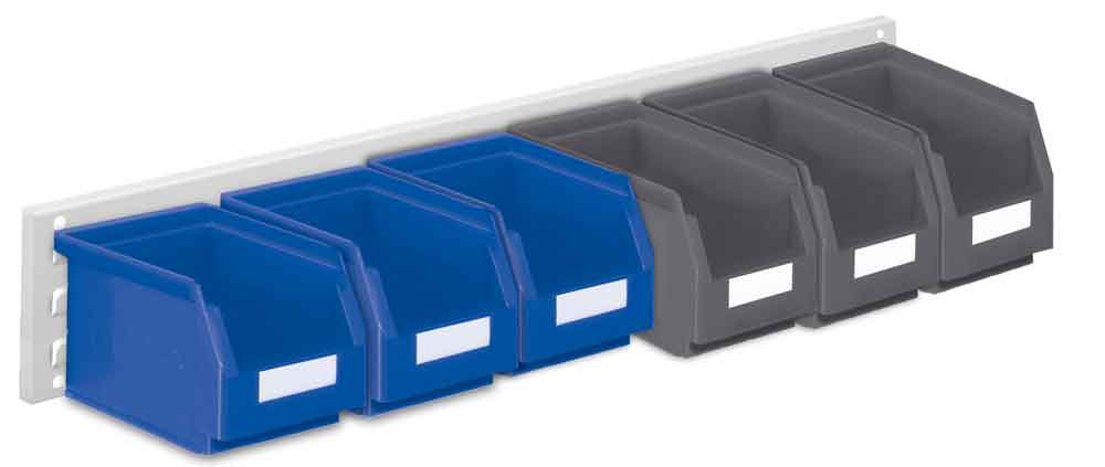 RasterPlan® - Wandschiene Set 15 - mit Lagersichtkästen - 3 Farben