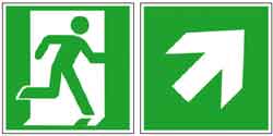 Fluchtwegschild und Zusatzschild aufwärts gehen nach rechts