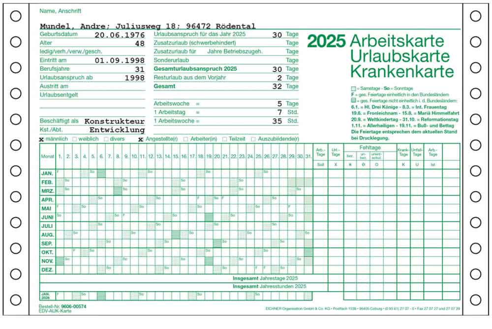 EDV-Arbeits-Urlaubs-Krankenkarte 2025 und 2026 - auf Endlospapier für Drucker EDV-Arbeits-Urlaubs-Krankenkarte 2025 und 2026 - auf Endlospapier für Drucker