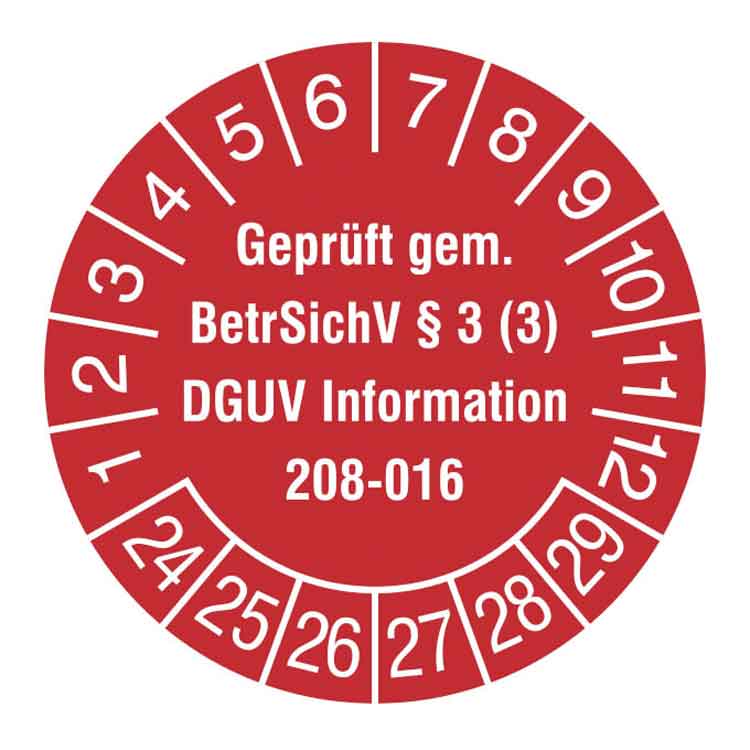 Prüfplakette - Geprüft gem. BetrSichV §3 (3) - DGUV Information 208-016 - in Jahresfarbe