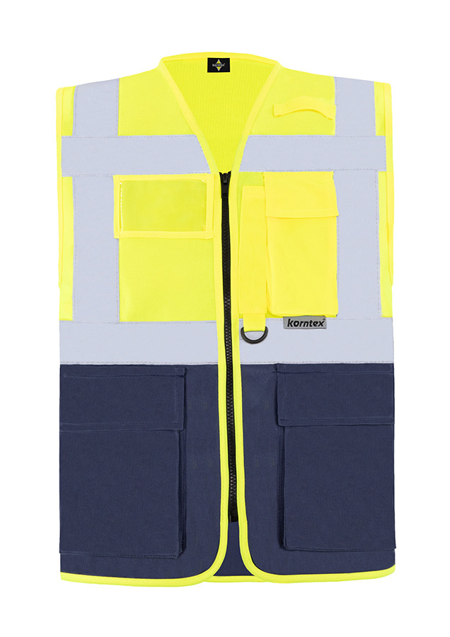 Korntex® Warnweste „Berlin“ - Multifunktional mit Taschen - Waldgrün/Signal-Gelb - XXL