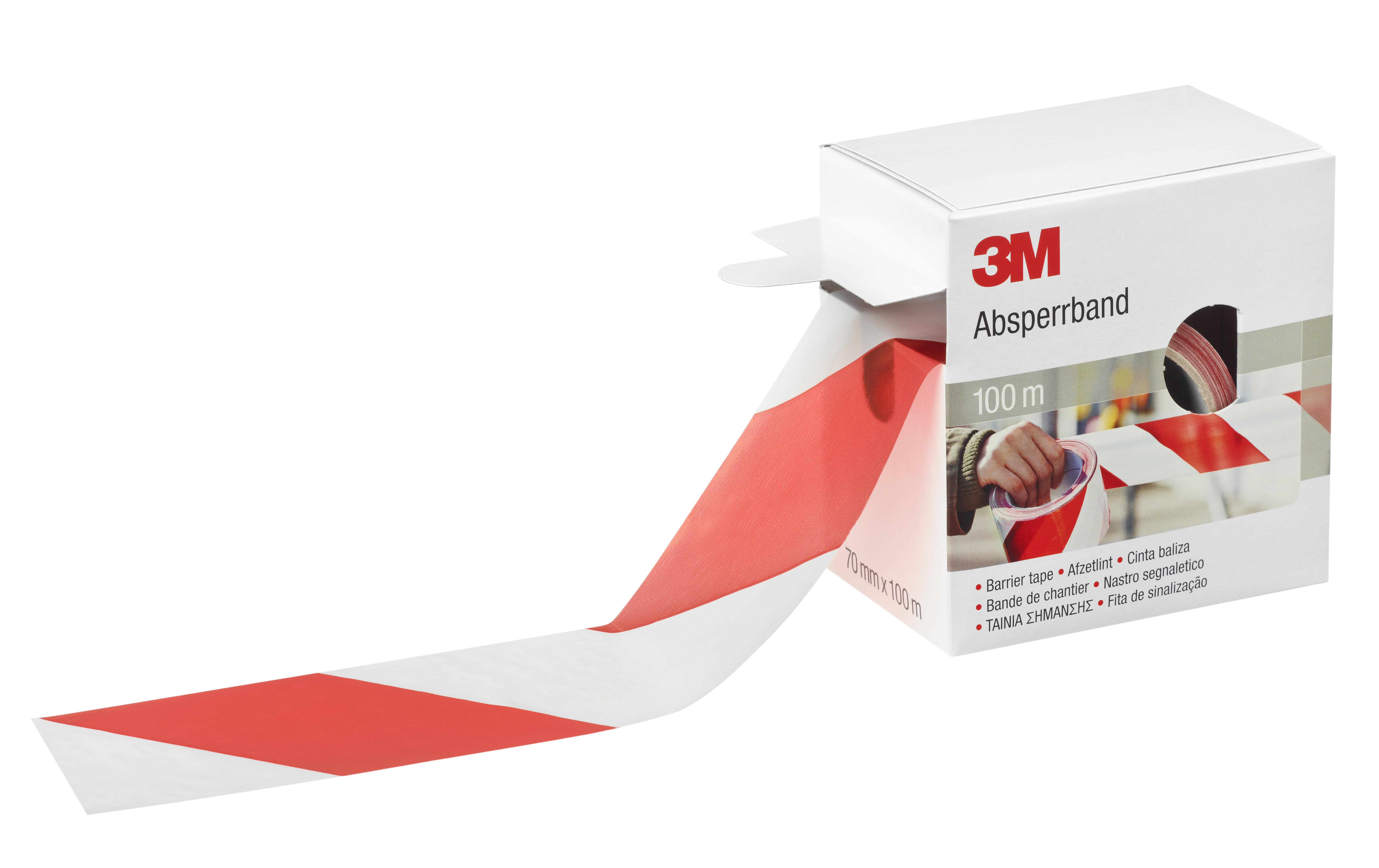 3M Absperrband - Rot/Weiss schraffiert - Spenderbox mit Abrollvorrichtung