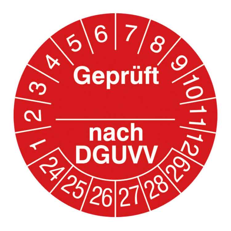 Prüfplakette - Geprüft nach ... DGUVV - in Jahresfarbe - Dokumentenfolie