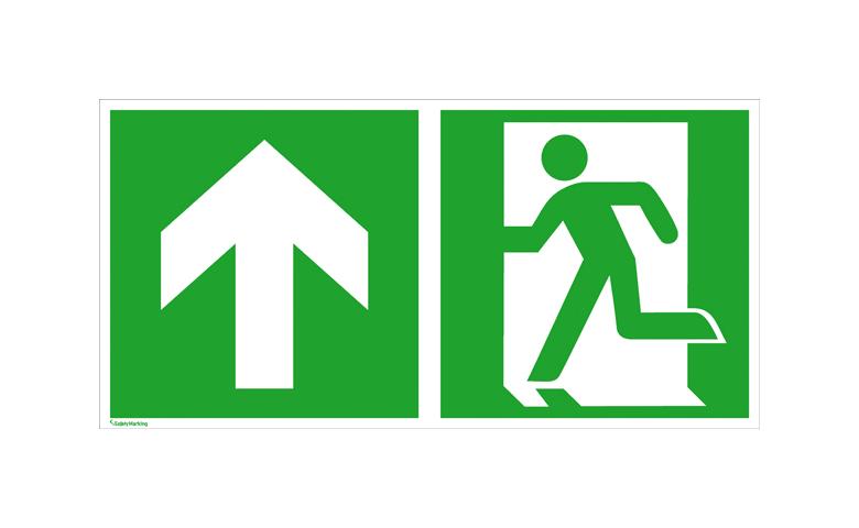 Fluchtwegschild - langnachleuchtend - Notausgang links mit Zusatzzeichen: Richtungsangabe aufwärts bzw. geradeaus