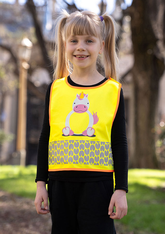 Korntex® Kinder Warnweste „Funtastic Wildlife“ - CO2 Neutral - Signal-Gelb/Einhorn - XXS