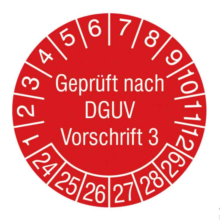 Prüfplakette Geprüft nach DGUV Vorschrift 3 - in Jahresfarbe - Dokumentenfolie