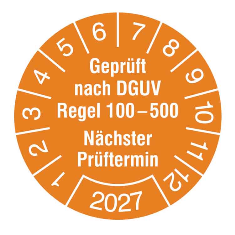 Prüfplakette - Geprüft nach DGUV Regel 100-500 - Nächster Prüftermin - in Jahresfarbe - Dokumentenfolie
