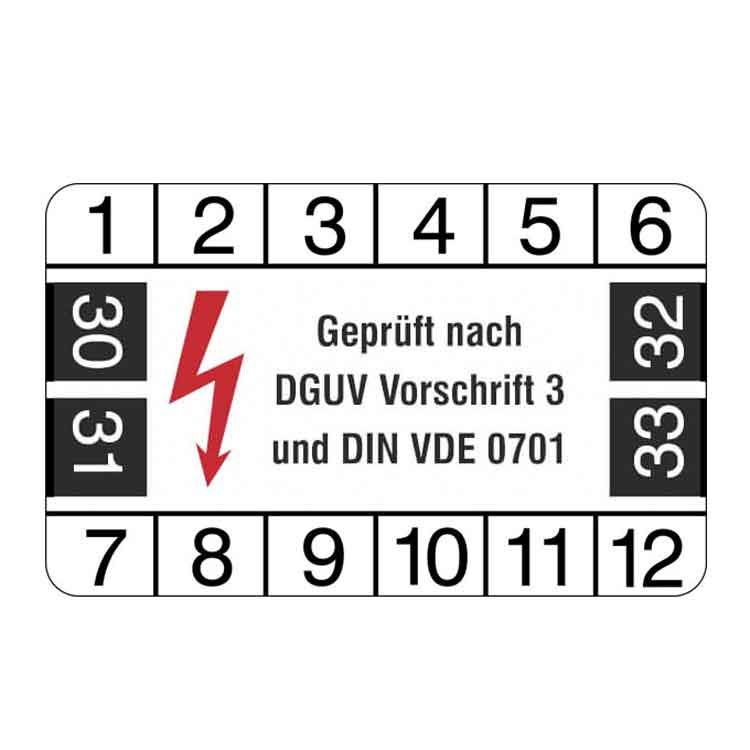 Prüfplakette - Geprüft nach DGUV Vorschrift 3 und DIN VDE 0701 - Weiss/Schwarz
