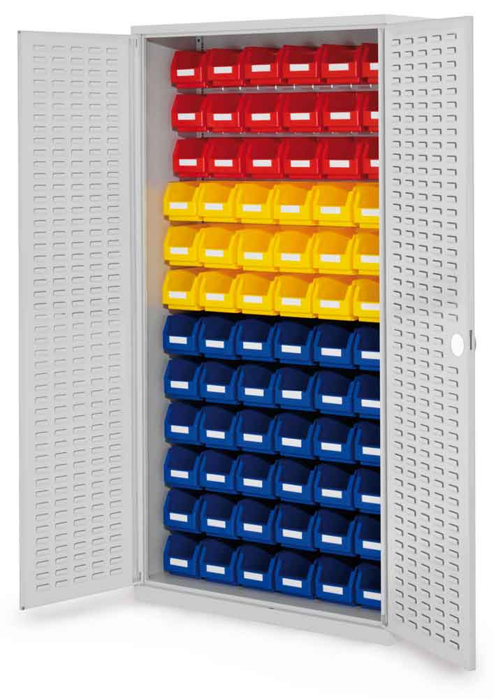 RasterPlan® - Schlitzplattenschrank Modell 56 - bestückt mit Lagersichtkästen - Türen wählbar