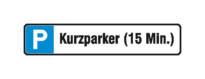 Parkplatzschild - Symbol: P - Text: Kurzparker (15 Min.)
