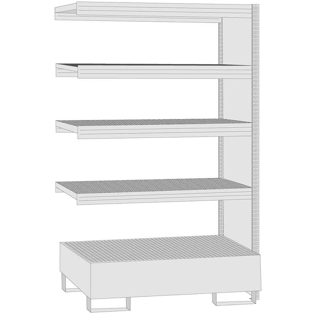 BERT-Umweltregal - Rahmen mit Seitenwand Vollblech - Anbaufeld mit Auffangwanne - H 2500 x B 1285 x T 600 mm - 4 Lagerebenen - 250 kg