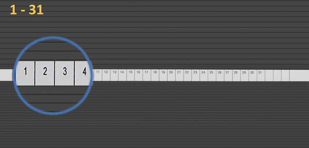 Tageszahlen 1-31 - in 4 Breiten - 4 Strichabstände - für Planrecord-Stecktafel