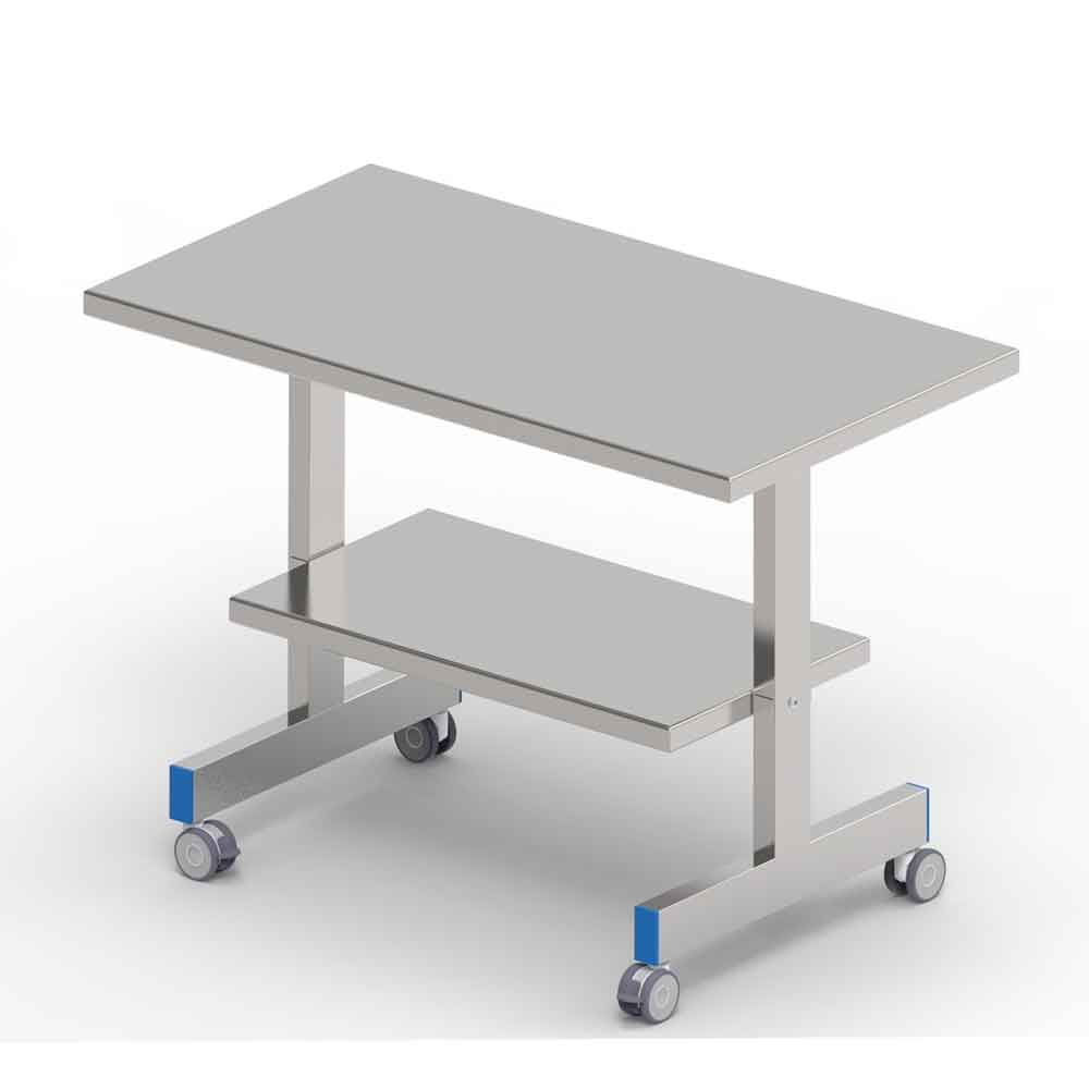 Instrumententisch mit Ablage - 4-Speichen - Doppel-T-Fuss - komplett aus Edelstahl