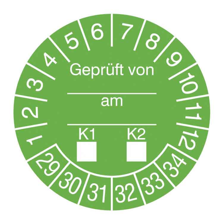 Prüfplakette - Geprüft von ... am ... K1-K2 - in Jahresfarbe - Dokumentenfolie