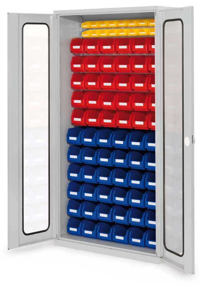 RasterPlan® - Schlitzplattenschrank Modell 58 - bestückt mit Lagersichtkästen - Türen wählbar