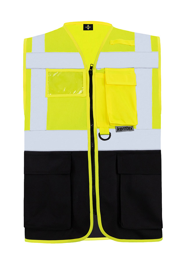 Korntex® Warnweste „Berlin“ - Multifunktional mit Taschen - Waldgrün/Signal-Gelb - XXL