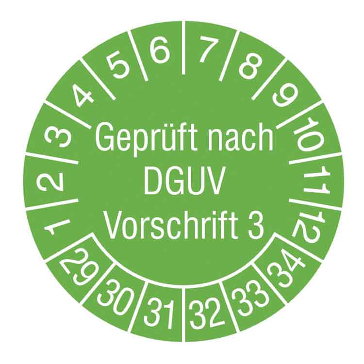 Prüfplakette Geprüft nach DGUV Vorschrift 3 - in Jahresfarbe - Dokumentenfolie