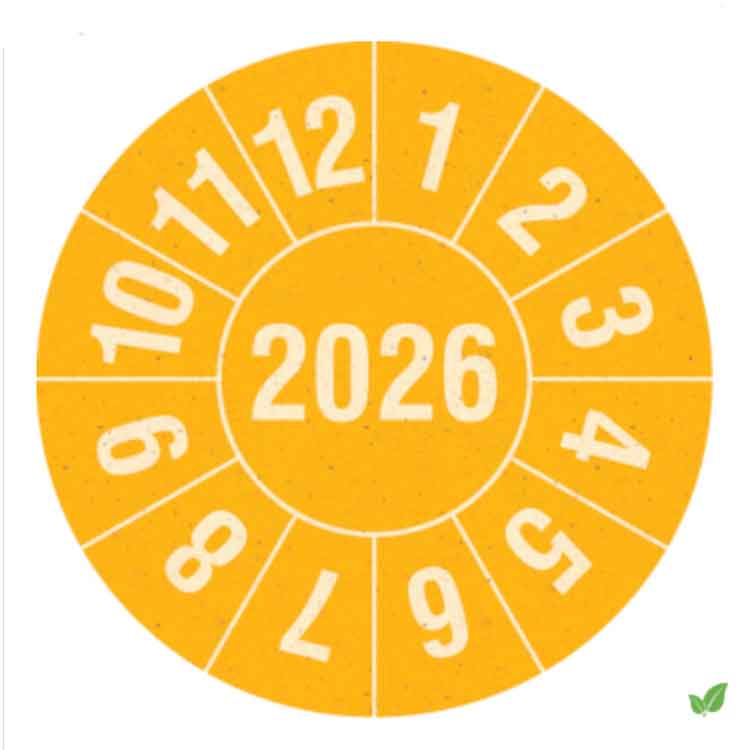 Prüfplakette aus Graspapier- Jahresplakette mit 4-stelliger Jahreszahl in Jahresfarbe