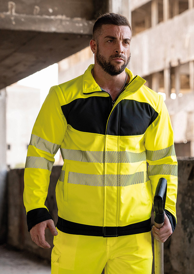 Korntex® - EOS - Hi-Vis Softshell Jacke mit schwarzer Brustpartie - Signal-Gelb/Schwarz - 3XL