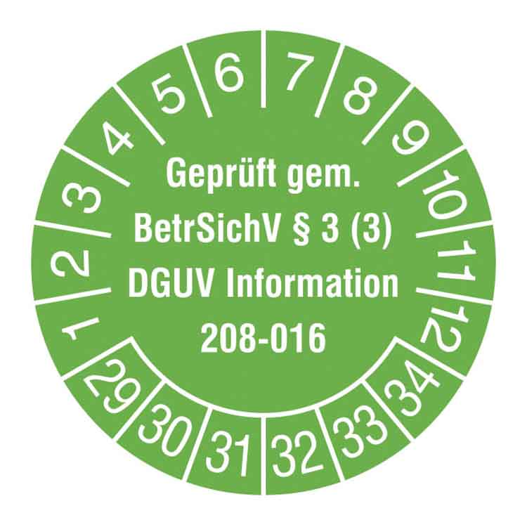 Prüfplakette - Geprüft gem. BetrSichV §3 (3) - DGUV Information 208-016 - in Jahresfarbe